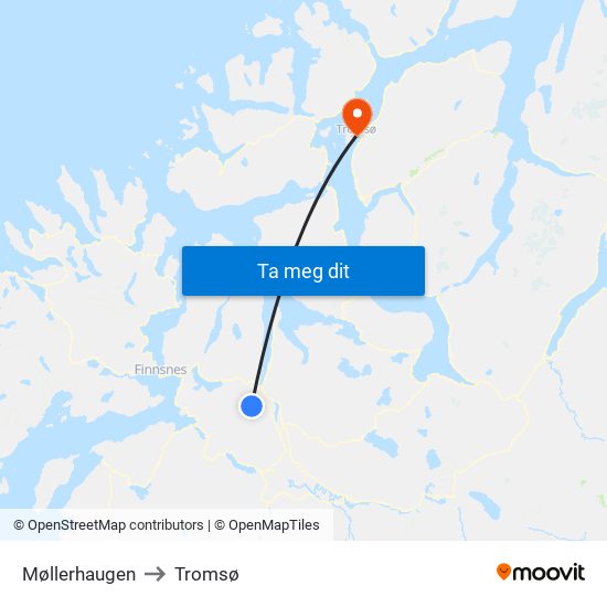 Møllerhaugen to Tromsø map