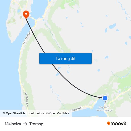 Mølnelva to Tromsø map