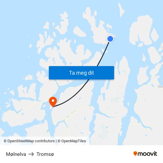 Mølnelva to Tromsø map