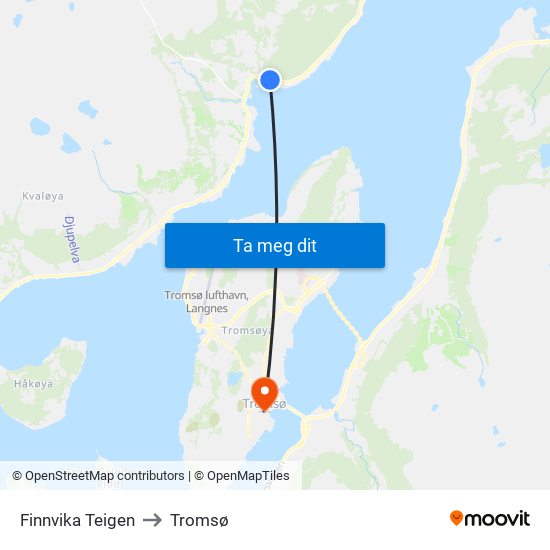 Finnvika Teigen to Tromsø map
