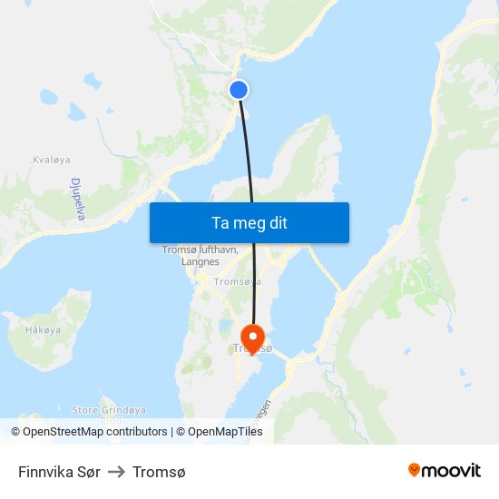 Finnvika Sør to Tromsø map
