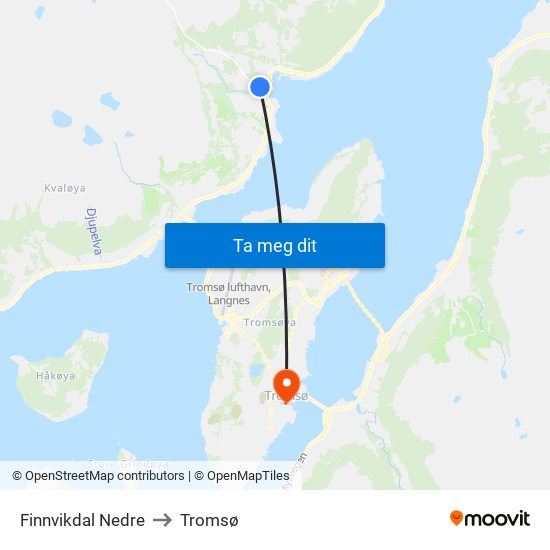 Finnvikdal Nedre to Tromsø map