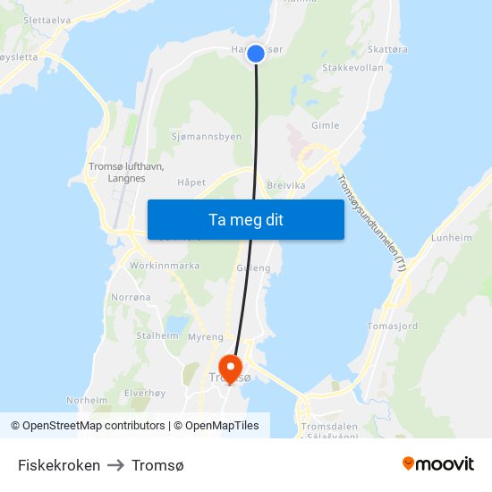 Fiskekroken to Tromsø map