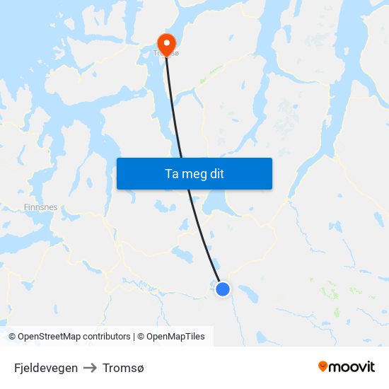 Fjeldevegen to Tromsø map