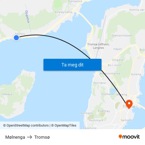 Mølnenga to Tromsø map