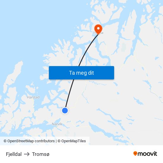 Fjelldal to Tromsø map