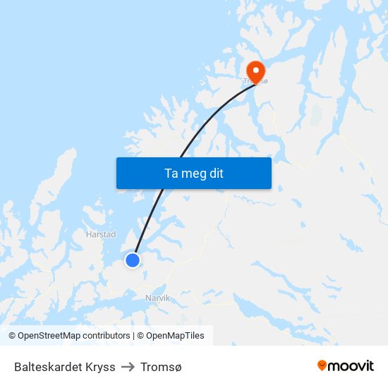 Balteskardet Kryss to Tromsø map