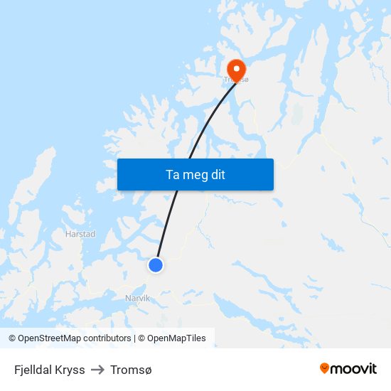 Fjelldal Kryss to Tromsø map