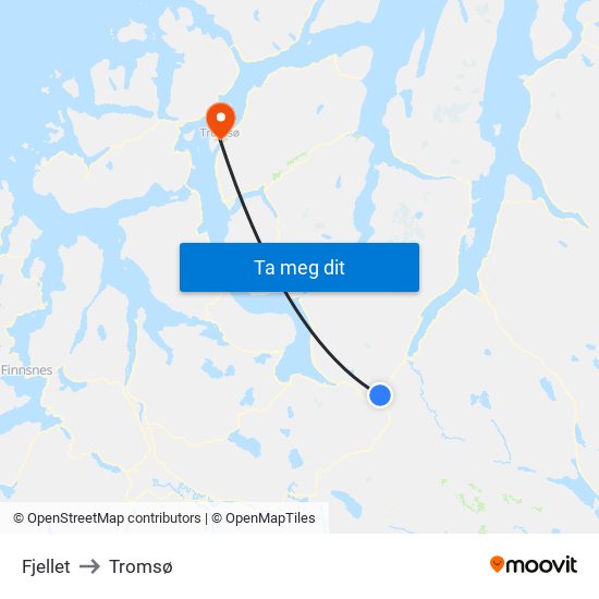 Fjellet to Tromsø map