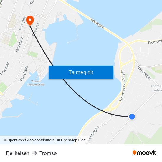 Fjellheisen to Tromsø map