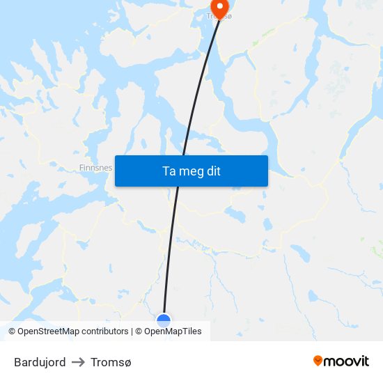 Bardujord to Tromsø map