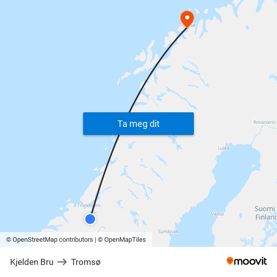 Kjelden Bru to Tromsø map