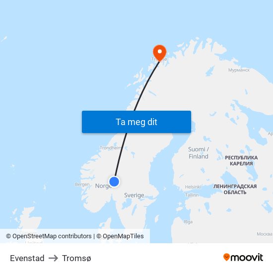 Evenstad to Tromsø map