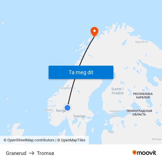 Granerud to Tromsø map