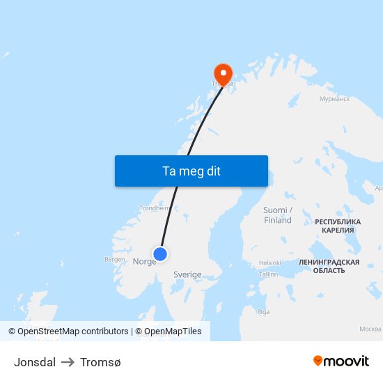 Jonsdal to Tromsø map