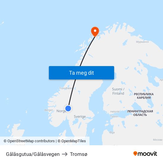 Gålåsgutua/Gålåsvegen to Tromsø map