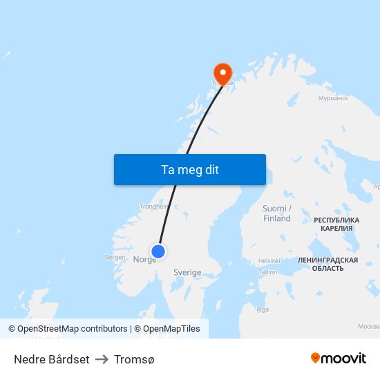 Nedre Bårdset to Tromsø map