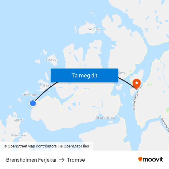 Brensholmen Ferjekai to Tromsø map
