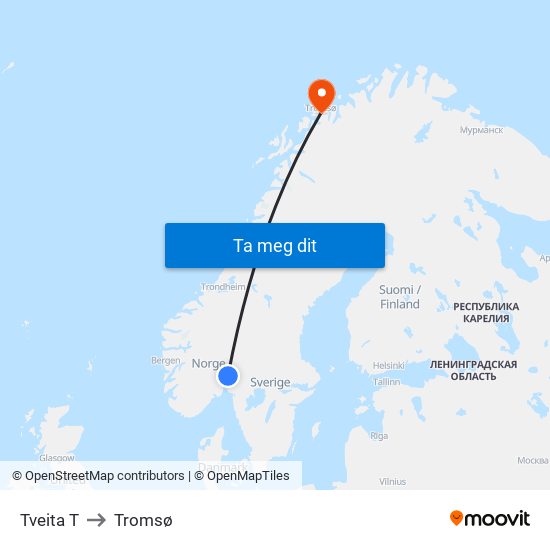 Tveita T to Tromsø map