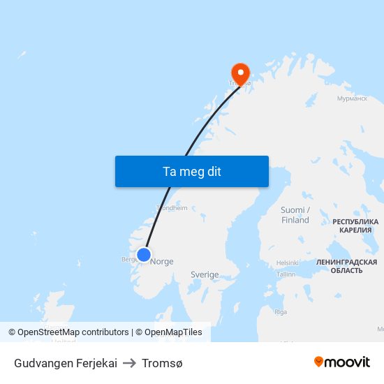 Gudvangen Ferjekai to Tromsø map
