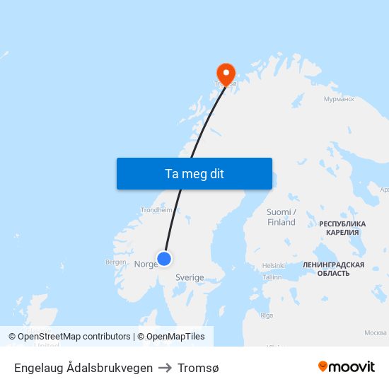 Engelaug Ådalsbrukvegen to Tromsø map