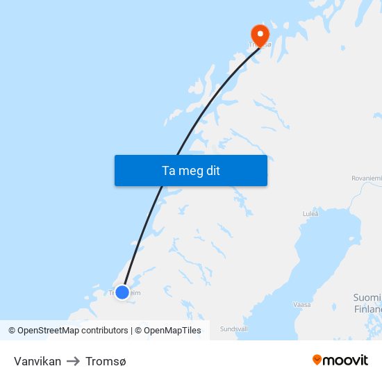 Vanvikan to Tromsø map