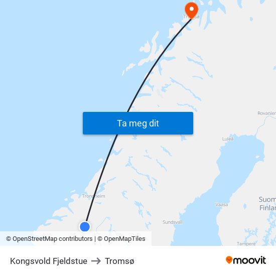 Kongsvold Fjeldstue to Tromsø map