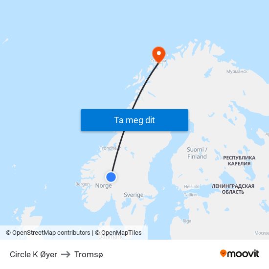 Circle K Øyer to Tromsø map