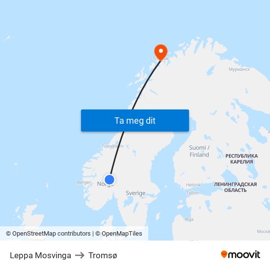 Leppa Mosvinga to Tromsø map