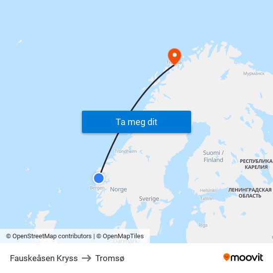 Fauskeåsen Kryss to Tromsø map