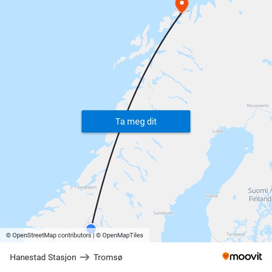 Hanestad Stasjon to Tromsø map