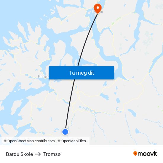 Bardu Skole to Tromsø map