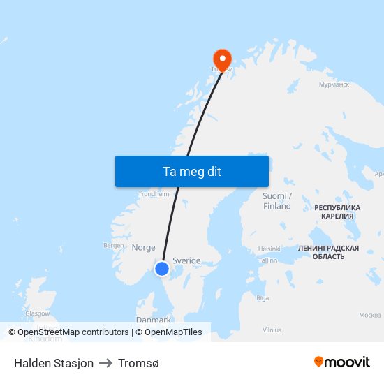 Halden Stasjon to Tromsø map