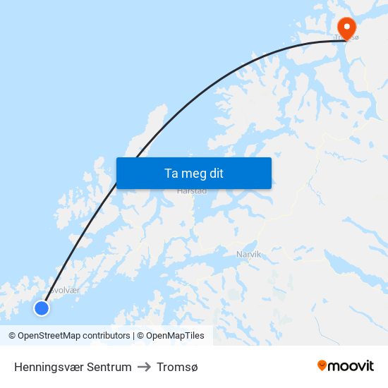 Henningsvær Sentrum to Tromsø map