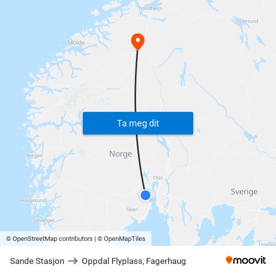 Sande Stasjon to Oppdal Flyplass, Fagerhaug map