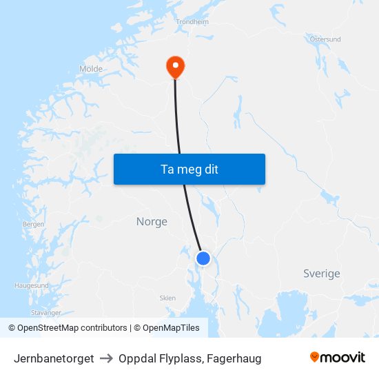 Jernbanetorget to Oppdal Flyplass, Fagerhaug map