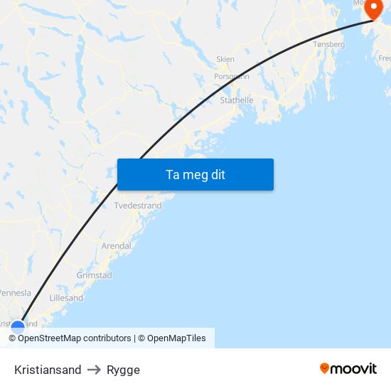 Kristiansand to Rygge map