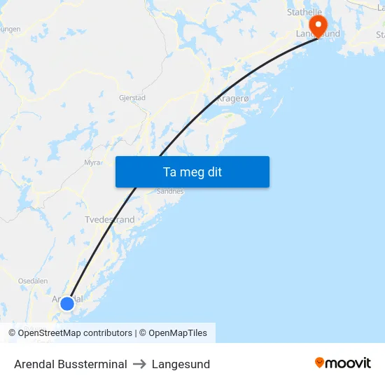 Arendal Bussterminal to Langesund map