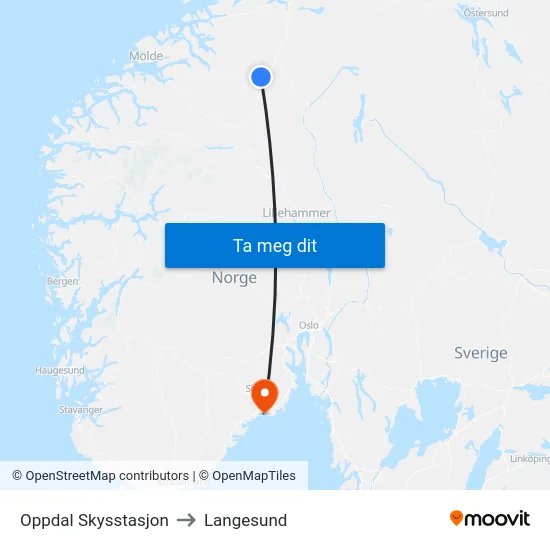 Oppdal Skysstasjon to Langesund map