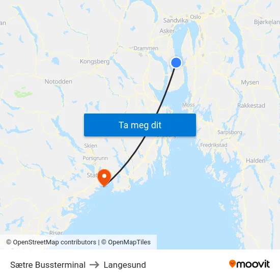 Sætre Bussterminal to Langesund map