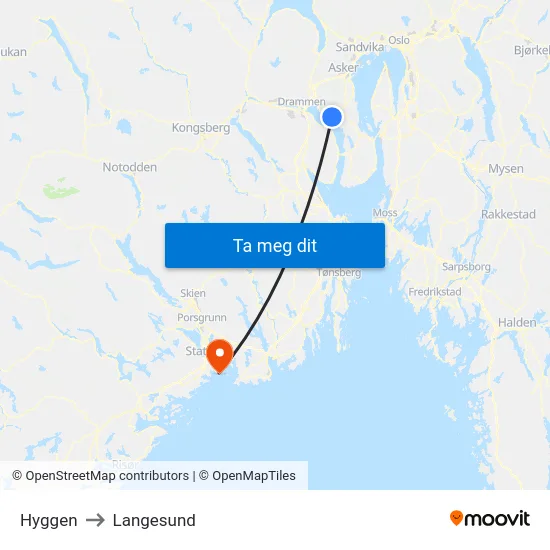 Hyggen to Langesund map