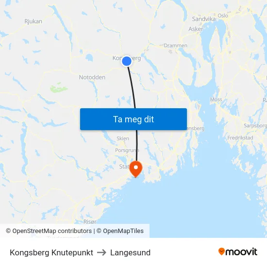 Kongsberg Knutepunkt to Langesund map