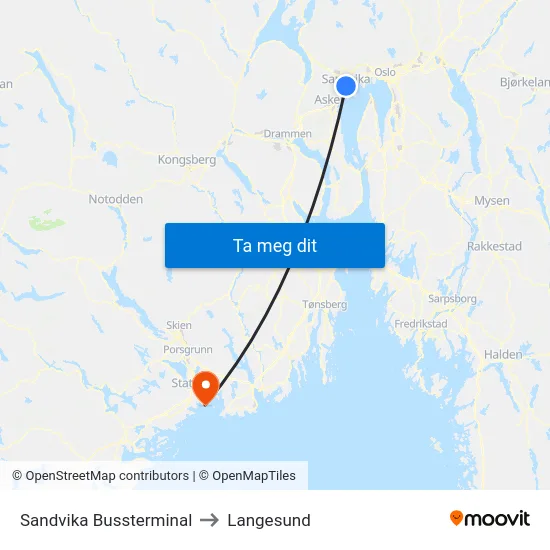 Sandvika Bussterminal to Langesund map