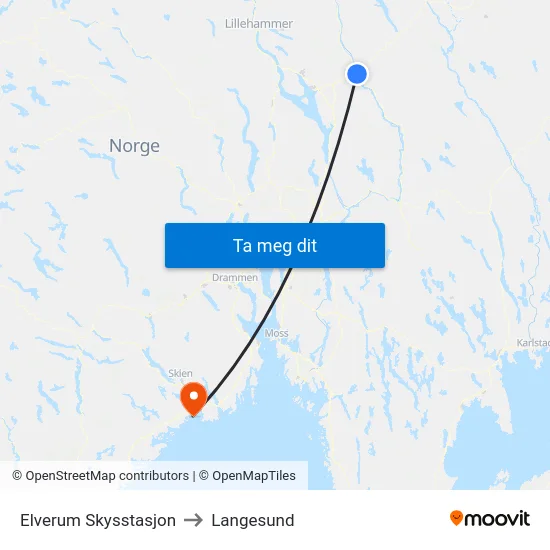 Elverum Skysstasjon to Langesund map