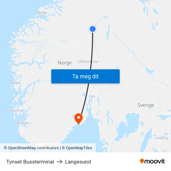 Tynset Bussterminal to Langesund map