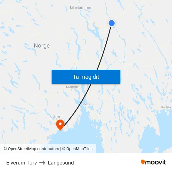 Elverum Torv to Langesund map