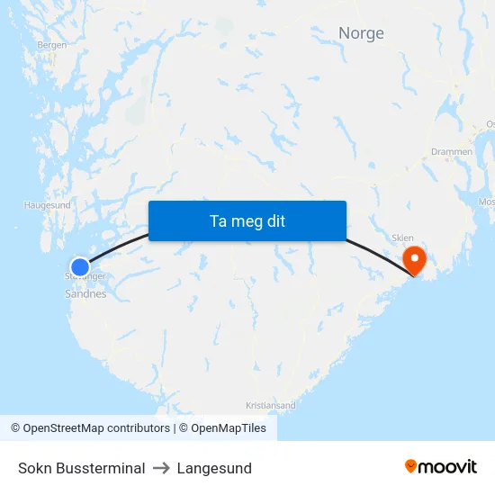 Sokn Bussterminal to Langesund map