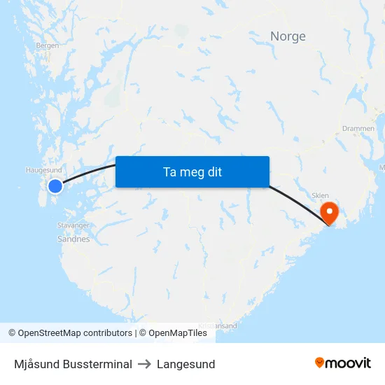 Mjåsund Bussterminal to Langesund map