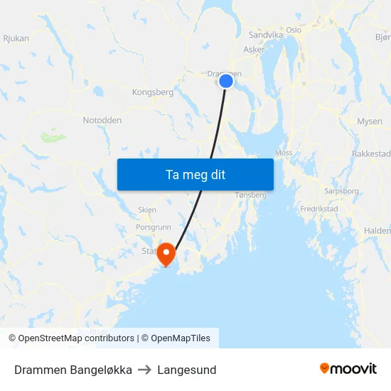 Drammen Bangeløkka to Langesund map