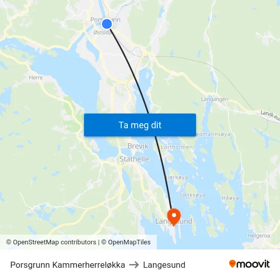 Porsgrunn Kammerherreløkka to Langesund map